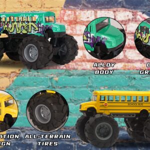 Crelloci School Bus Monster Truck Toy - 2 Pack Set Die Cast Yellow School Bus Toy, Pull Back Car Toys, Big Wheel Monster Truck Play Vehicles Gifts for Toddlers, Kids, Boys