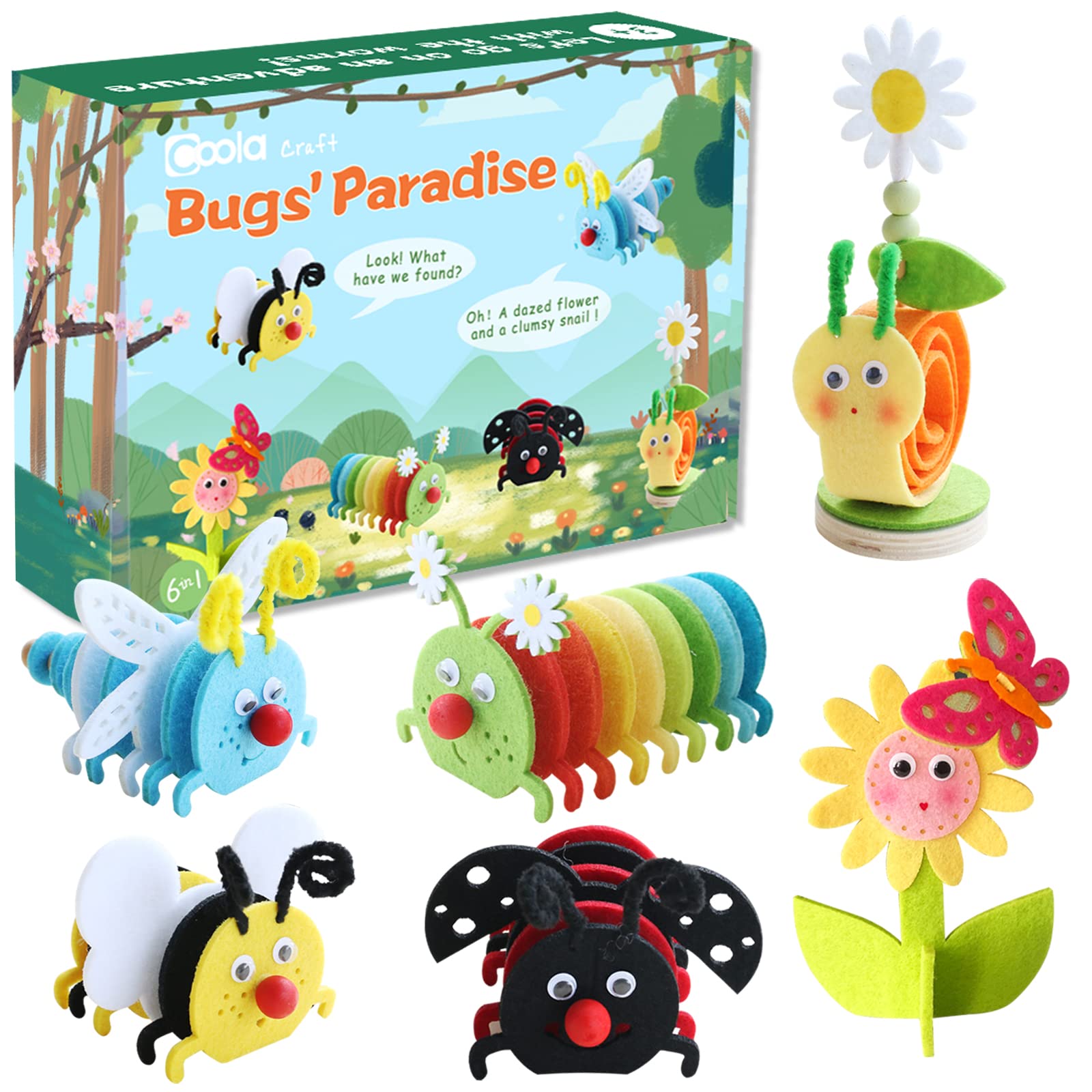 Coola Craft Kit for Kids - Art and Craft DIY Early Educational Toys Suitable for Girls & Boys Pack 6 Include Bee Ladybug Dragonfly Caterpillar Snail Flower Best Gift for Kids Age 3-6,7,8,9