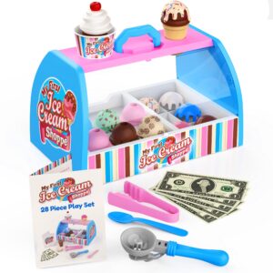 ice cream counter playset for kids, pretend play (28 pcs) best gift for 3 4 5 6 year old girl or boy, play food scoop and serve, toddler toy