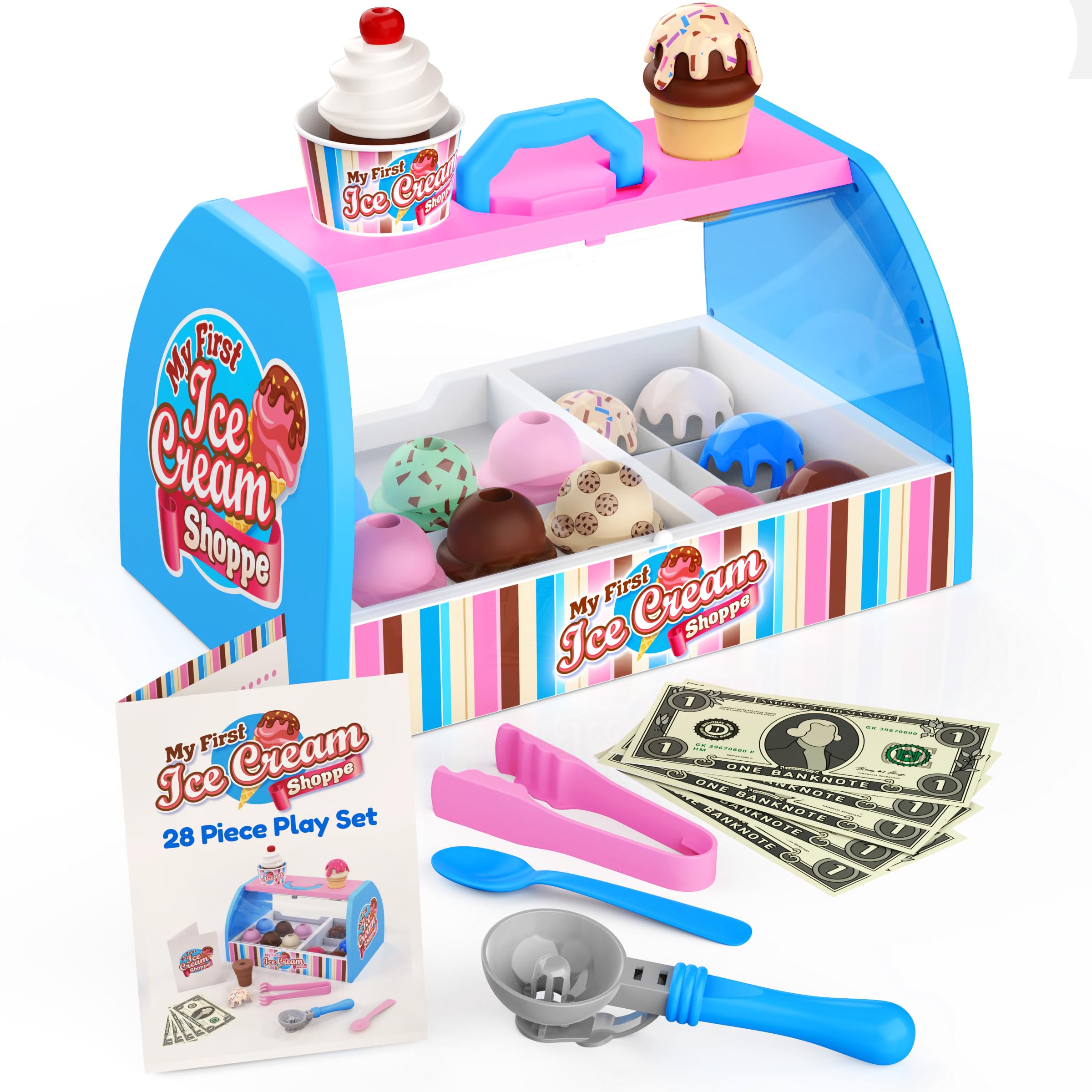 Ice Cream Counter Playset for Kids, Pretend Play (28 pcs) Best Gift for 3 4 5 6 Year Old Girl or Boy, Play Food Scoop and Serve, Toddler Toy