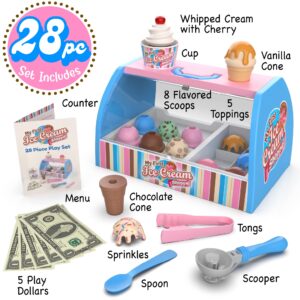 Ice Cream Counter Playset for Kids, Pretend Play (28 pcs) Best Gift for 3 4 5 6 Year Old Girl or Boy, Play Food Scoop and Serve, Toddler Toy