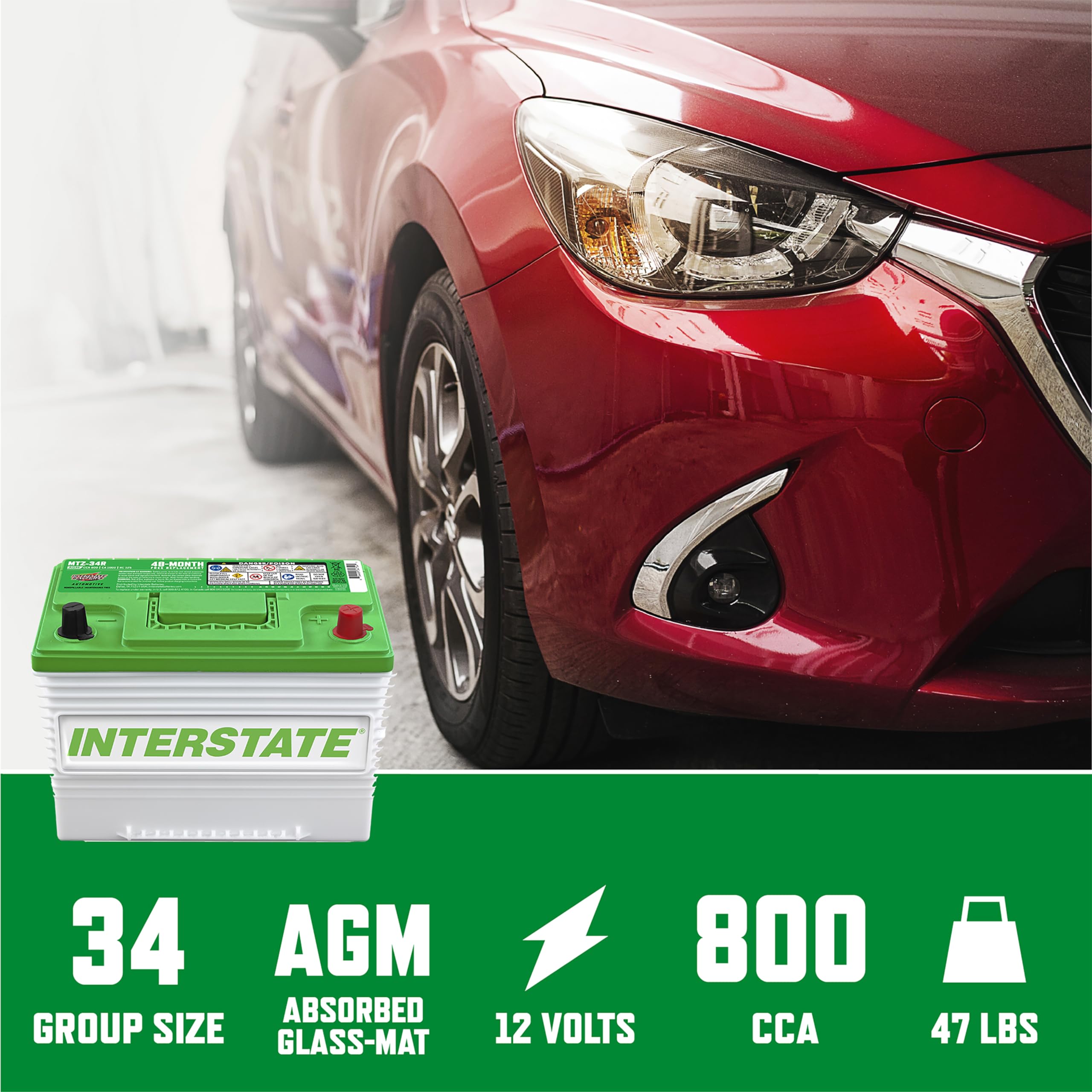 Interstate Batteries Automotive Battery 12V 63Ah (Group 34R) 800CCA SLI Pure Lead AGM Automobile Replacement Battery for Cars, Jeeps, SUVs, Trucks, Vans (MTZ-34R)