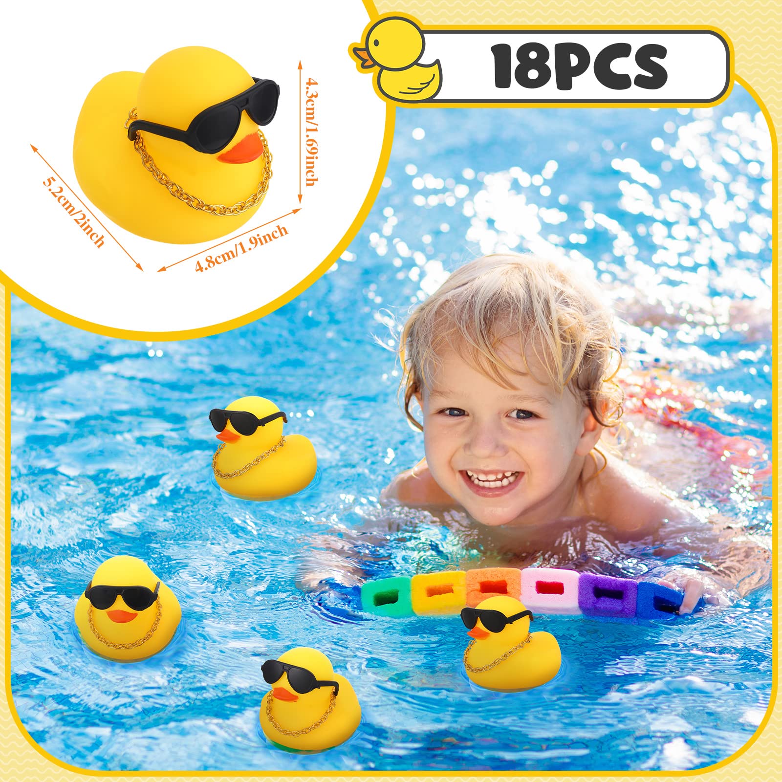 18 Pcs Mini Rubber Ducks Baby Shower Tiny Rubber Ducks Bulk with Sunglasses, Float Bath Toys Bathtub Duckies Mini Ducks for Shower Birthday Party Favors Carnival Gift (Yellow)