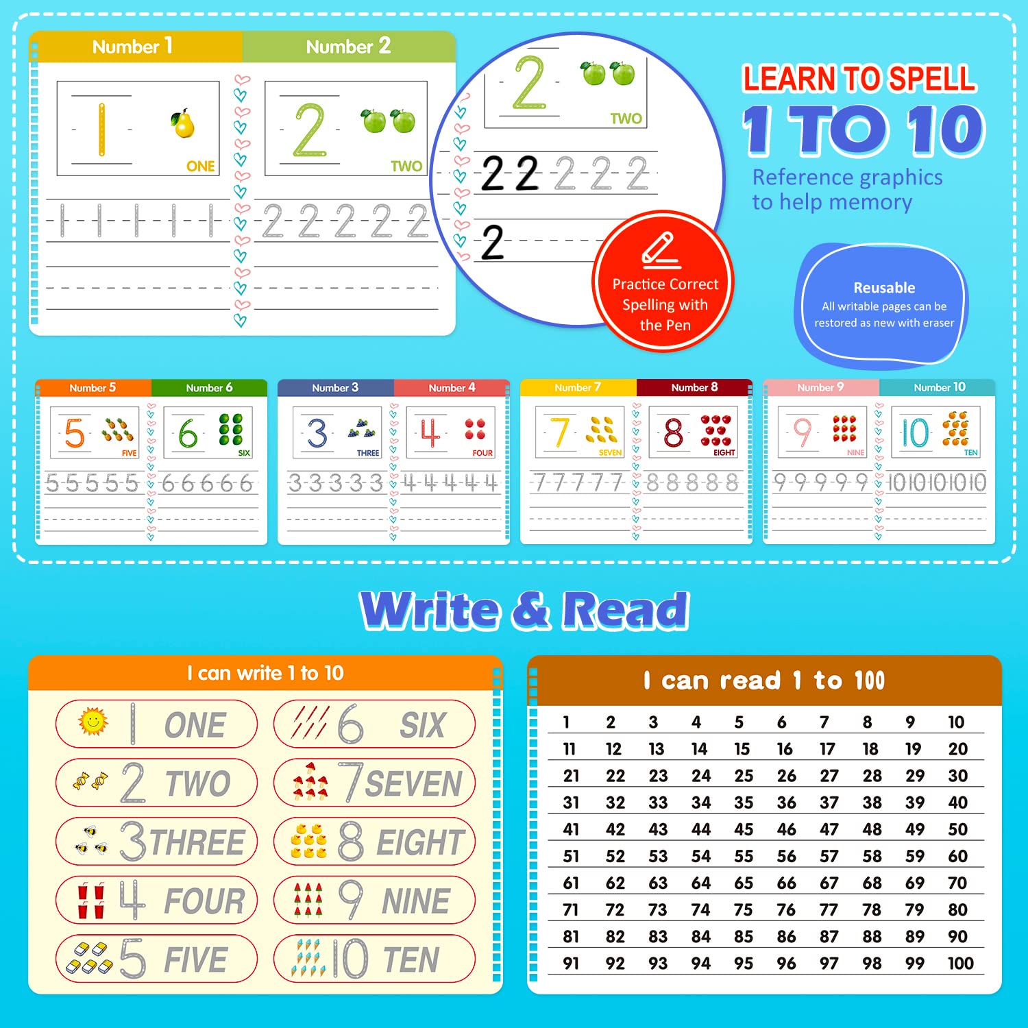 CALSPY 55 Pages Preschool Learning Activities Book+ 8 Dry Erase Markers- Montessori Handwriting Practice Alphabet Numbers Tracing Workbook for Kids Kindergartens Gifts Easter Valentines Children's Day