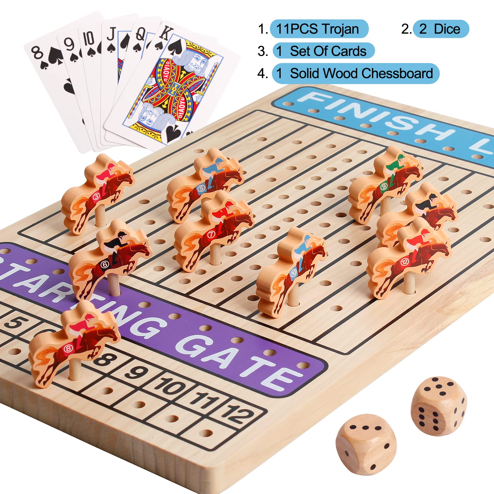 BESTAMTOY Horse Racing Game Wooden Challenge Toy Poker Board Game with 11 Durable Horses Dice and Cards for Kids Family Game Brain Teaser Gambling Game