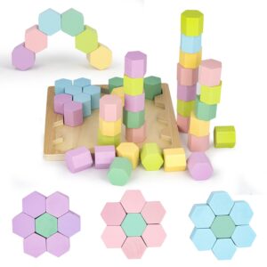 hexablox 39pcs - wooden stacking blocks - montessori wooden toddler toys for 1+ year old boys girls - multi use stacking toy, toddler puzzles , color sorting toys for toddlers 1-3, building blocks