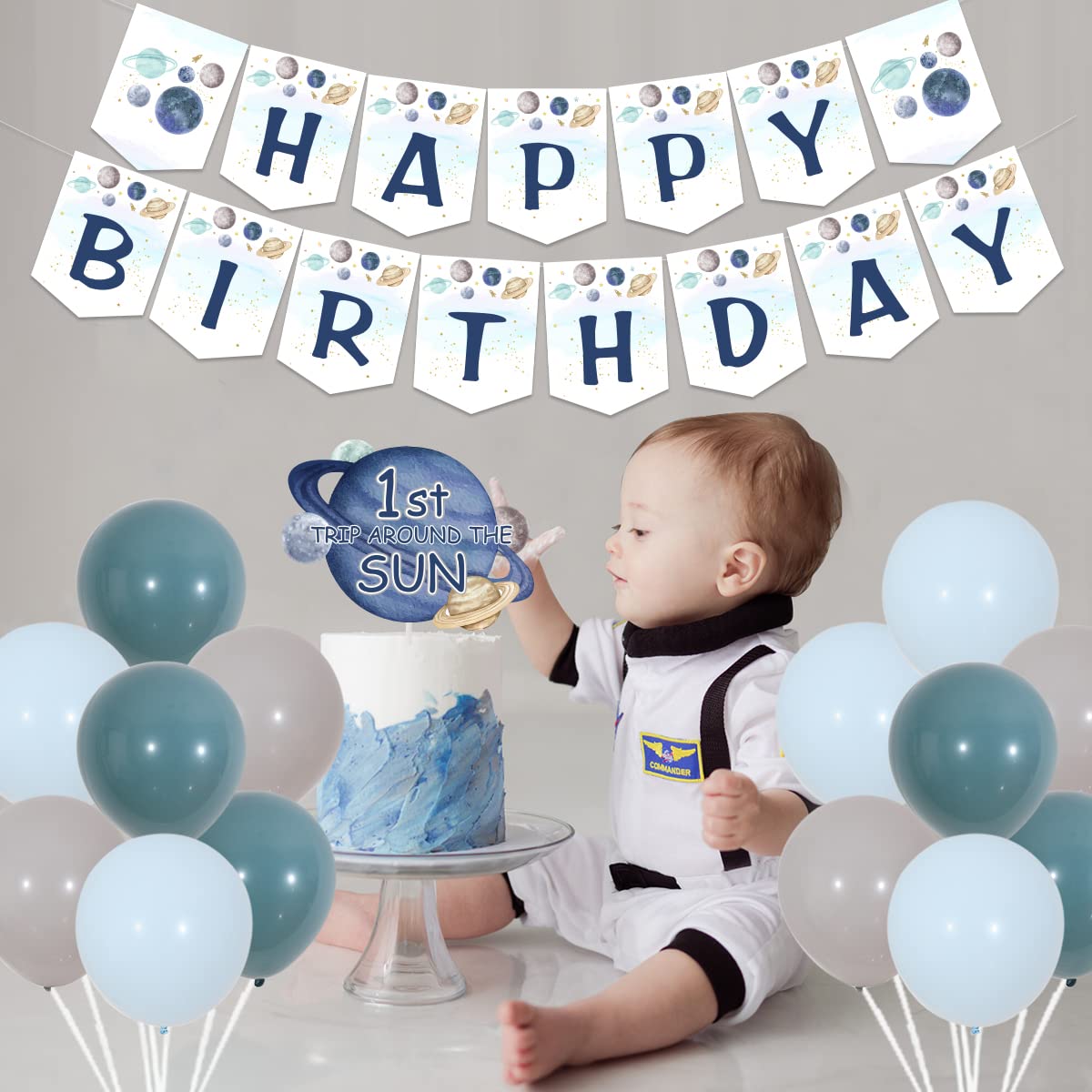 First Trip Around The Sun Birthday Decorations for Boy, Space One High Chair Banner & Galaxy Happy Birthday Garland, Planet Cake Toppers for 1st Birthday Party Supplies