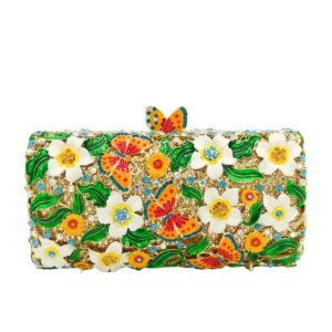 Boutique De FGG Flowers & Butterfly Women Crystal Clutch Evening Bag Wedding Party Rhinestone Handbags (Small,Orange White)