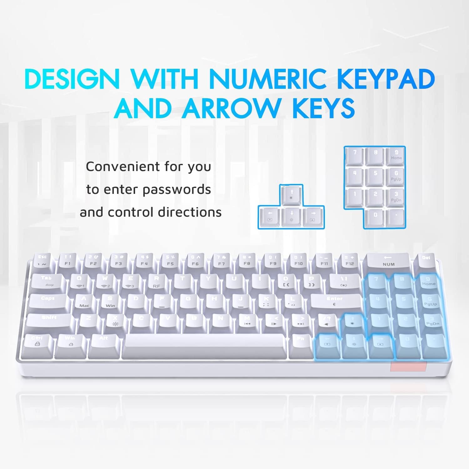 A.JAZZ AK692 Compact Hot-Swappable Wireless Number Pad Mechanical Gaming Keyboard 5.0 Bluetooth Type C Wired Mode 4000 mAh Rechargable Light up for Mac Laptop IP ad PC Phone PS4 Gamer Office - White