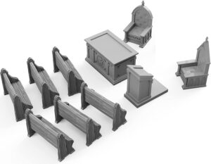 3degos church chapel chattels furniture set dnd terrain 28mm for dungeons and dragons, d&d, pathfinder, warhammer 40k, rpg, miniatures, age of sigmar, tabletop, d and d, dungeons and dragons gifts