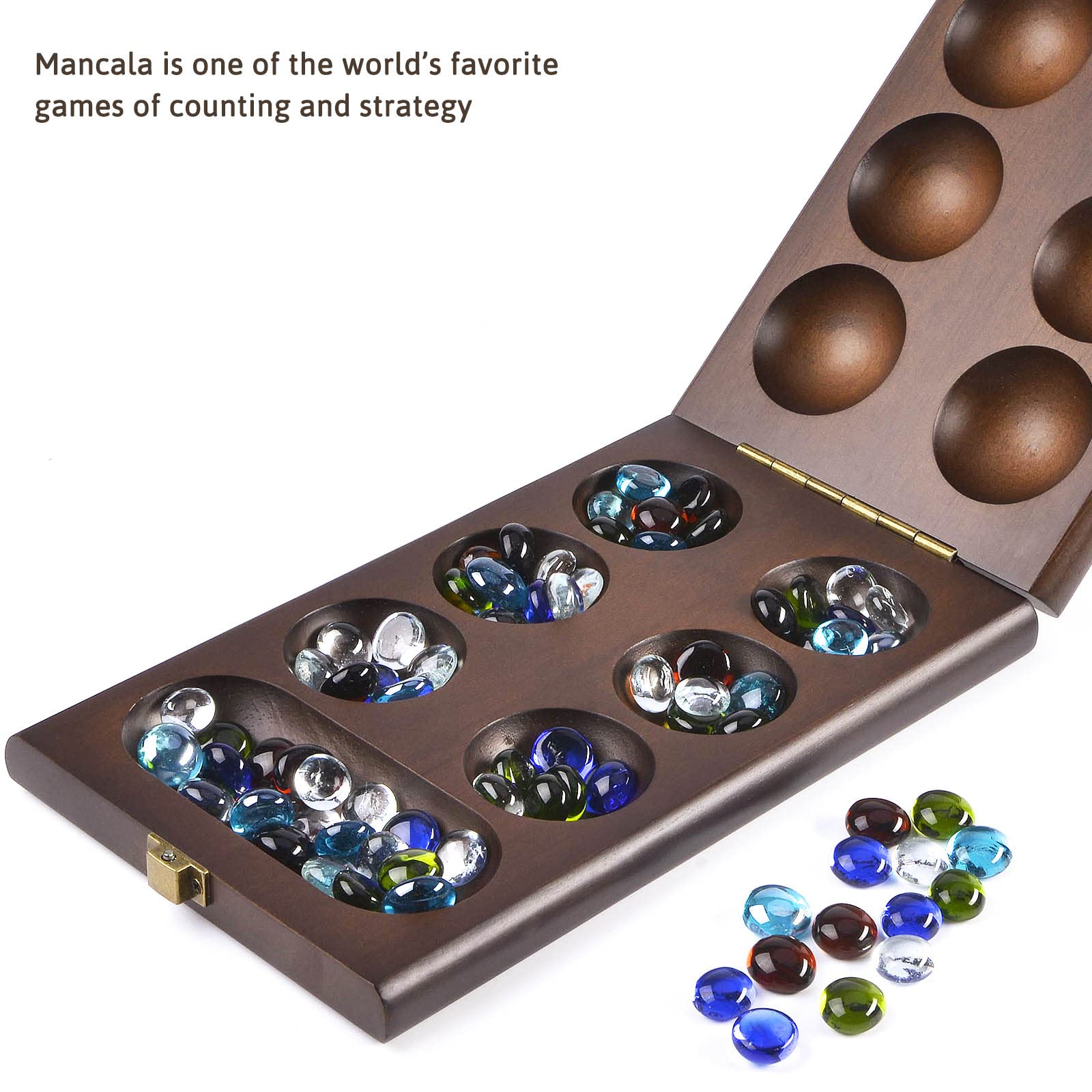 AMEROUS Wooden Mancala Board Game Set with 72+8 Bonus Multi Color Glass Stones - Folding Board - Mancala Instructions, Classic Family Board Game for Kids Adults, Tabletop Version