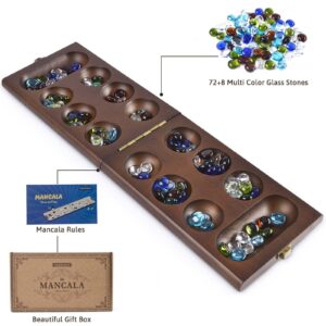 AMEROUS Wooden Mancala Board Game Set with 72+8 Bonus Multi Color Glass Stones - Folding Board - Mancala Instructions, Classic Family Board Game for Kids Adults, Tabletop Version