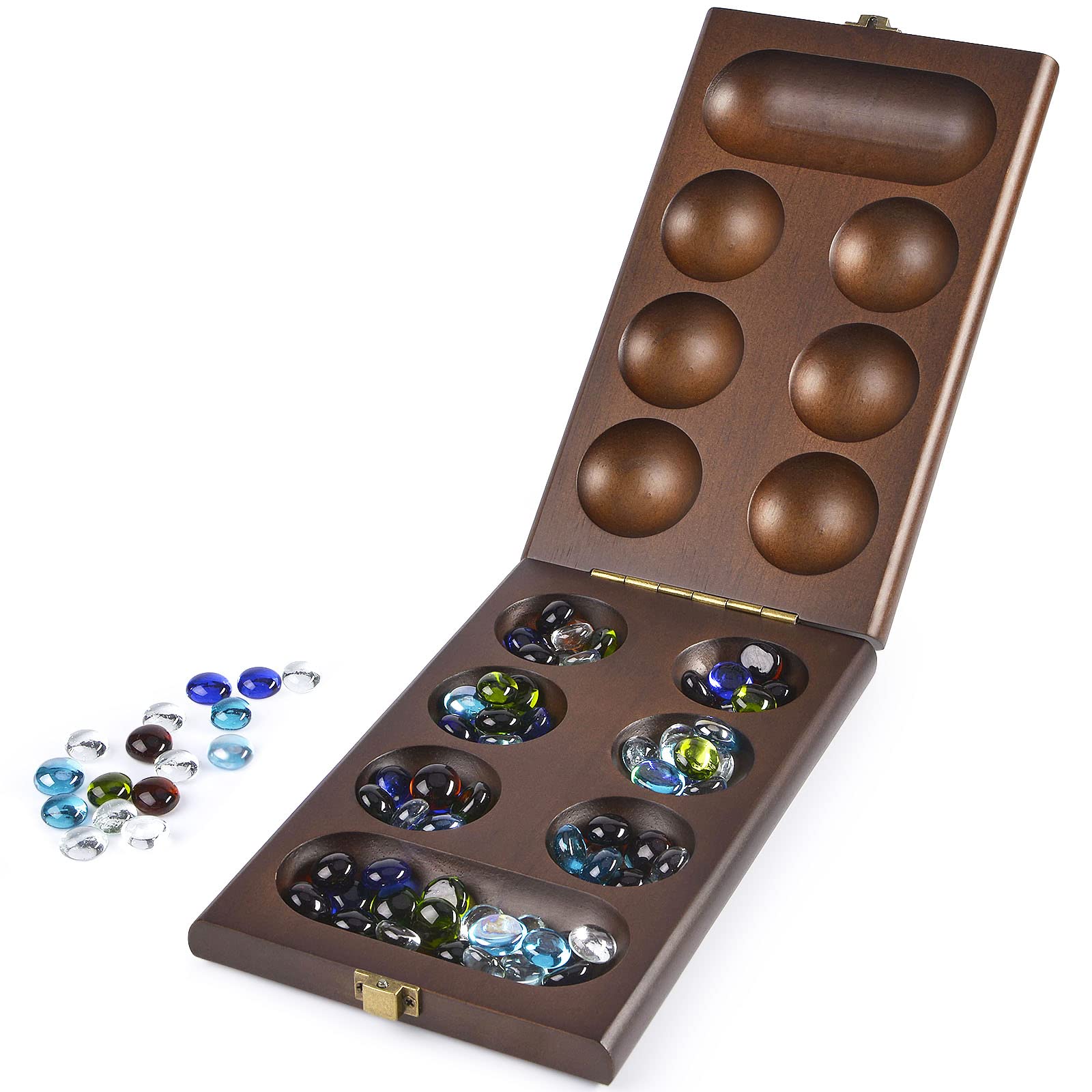 AMEROUS Wooden Mancala Board Game Set with 72+8 Bonus Multi Color Glass Stones - Folding Board - Mancala Instructions, Classic Family Board Game for Kids Adults, Tabletop Version