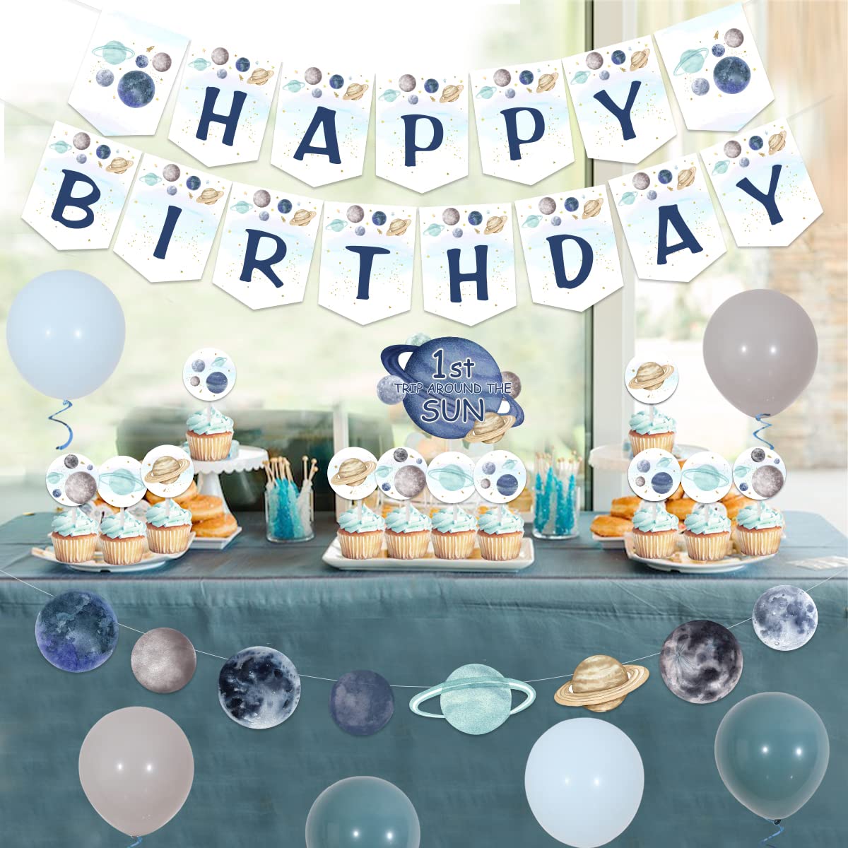 First Trip Around The Sun Birthday Decorations for Boy, Space One High Chair Banner & Galaxy Happy Birthday Garland, Planet Cake Toppers for 1st Birthday Party Supplies