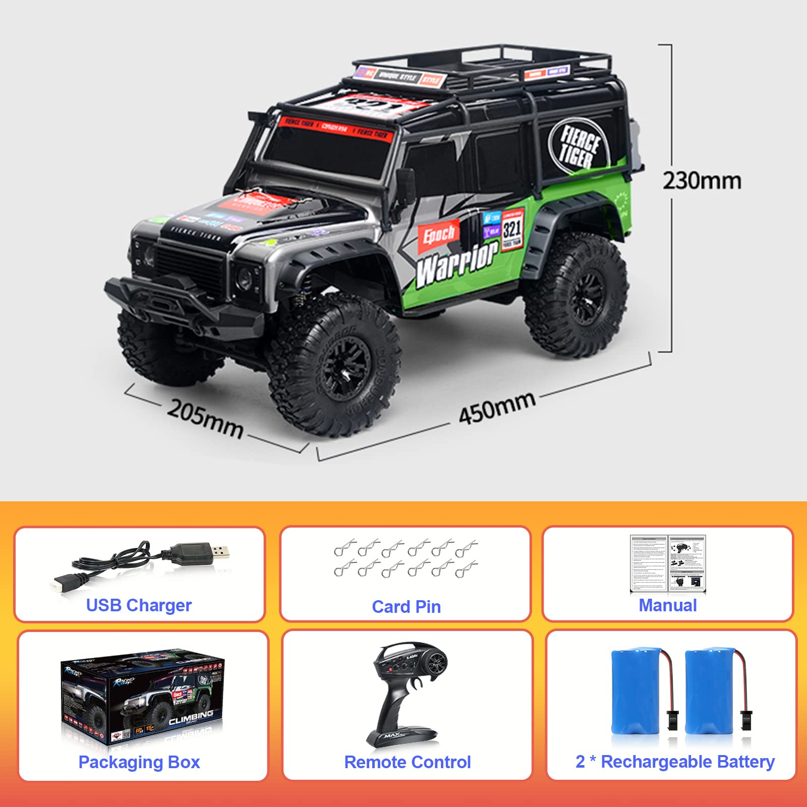 Desdoni RC Cars RC Crwaler 1/10 Scale RTR Remote Control Car 4WD 2.4GHz Brushed Offroad Racing Hobby Grade Model Vehicle with LED Lights 2Pcs Battery Toy for Kids and Adults