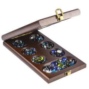 AMEROUS Wooden Mancala Board Game Set with 72+8 Bonus Multi Color Glass Stones - Folding Board - Mancala Instructions, Classic Family Board Game for Kids Adults, Tabletop Version