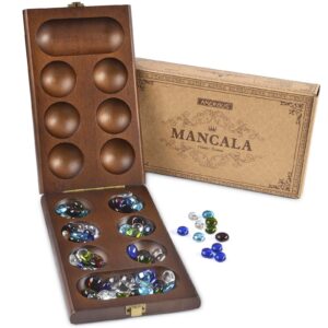 AMEROUS Wooden Mancala Board Game Set with 72+8 Bonus Multi Color Glass Stones - Folding Board - Mancala Instructions, Classic Family Board Game for Kids Adults, Tabletop Version