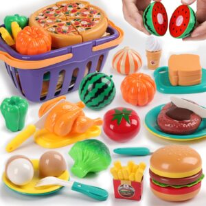 elitoky 49pcs cutting play food toy for kids kitchen, pretend fruit & vegetables accessories with shopping storage basket, plastic food dishes toy, best educational gift for toddlers boys girls