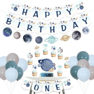 first trip around the sun birthday decorations for boy, space one high chair banner & galaxy happy birthday garland, planet cake toppers for 1st birthday party supplies