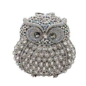 umren cute owl clutch women crystal evening bags luxury handbag rhinestone wedding party purse silver