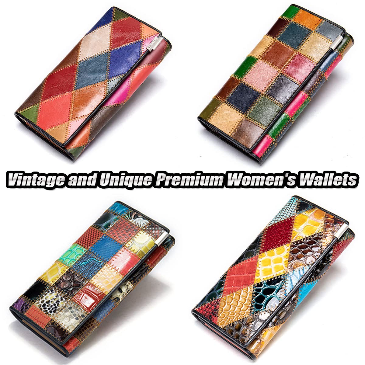 Karoukee Womens Patchwork Genuine Leather Wallet Fancy Colorful Large Capacity Phone Clutch Credit Card Holder Kiss Lock Coin Purse