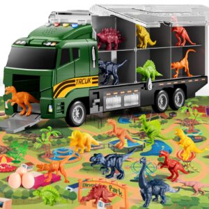 snaen 39 in 1 dinosaur toy truck for kids 3-7 with play mat, dino transport carrier vehicle with lights and sounds, toys for toddler 3 4 5 6 years boys includes dino figures, eggs and trees