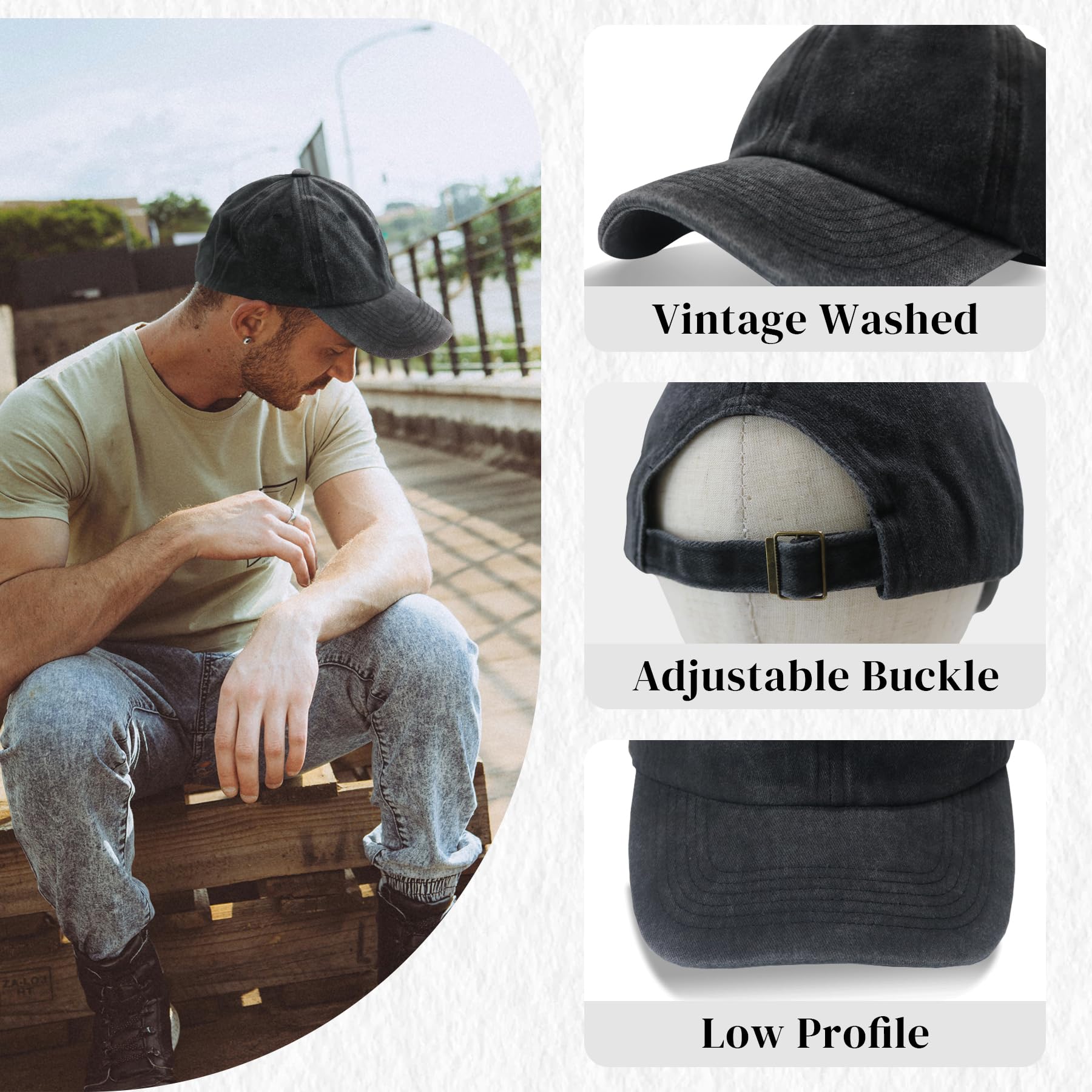 JYxingchi 2 PCS Vintage Washed Distressed Baseball Cap Adjustable Dad Golf Hat Low Profile Twill Hat Black+Khaki