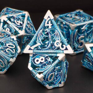 KERWELLSI Hollow Metal DND Dice Set, Dungeons and Dragons Dice Set with Gifts Box, 7pcs D&D Dice Set, Polyhedral Dice Set for RPG Role Playing Game, RPG D and D Dice D20 D12 D10 D8 D6 D4 (Blue)