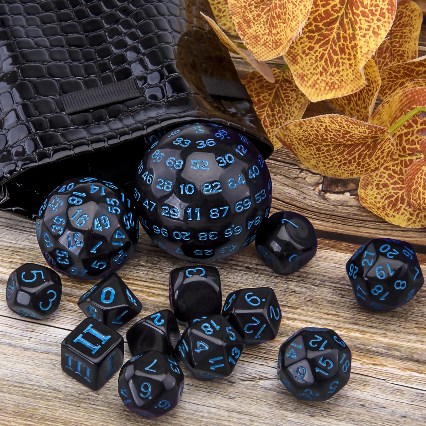 AUSTOR 15 Pieces Complete Polyhedral Dice Set D3-D100 Game Dice Set with a Leather Drawstring Storage Bag for Role Playing Table Games(Black & Blue)