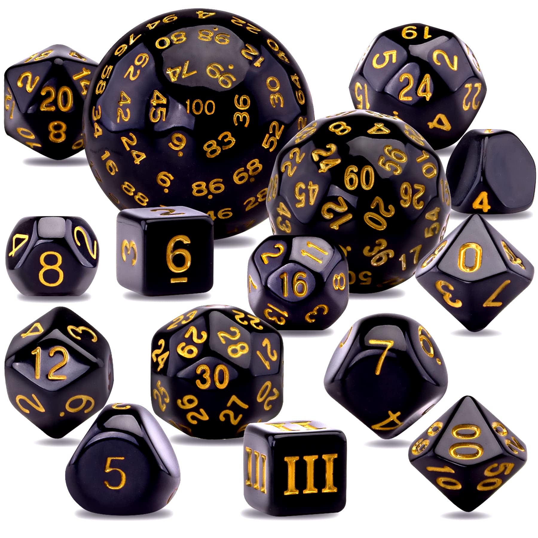 AUSTOR 15 Pieces Complete Polyhedral Dice Set D3-D100 Game Dice Set with a Leather Drawstring Storage Bag for Role Playing Table Games(Black & Yellow)