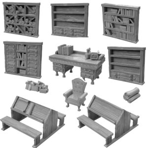 3degos library furniture set dnd terrain 28mm for dungeons and dragons, d&d, pathfinder, warhammer 40k, rpg, miniatures, age of sigmar, tabletop, d and d, dungeons and dragons gifts