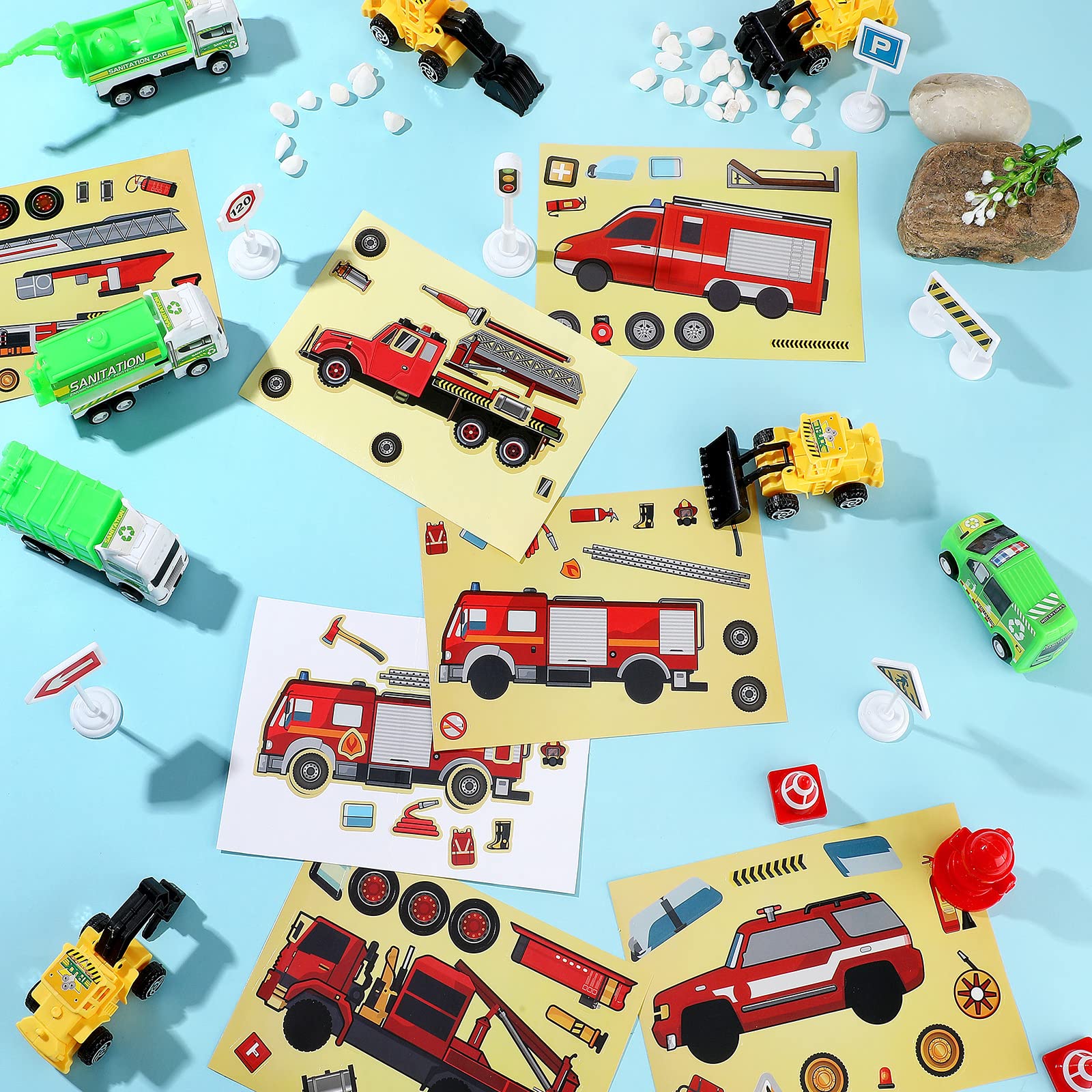 48 Sheets Truck Party Favors Make Your Own Truck Stickers Kits Bulk with 8 Designs Firefighter Red Pickup Patient Trucks Emergency Vehicle for Kindergarten, Festival Present (Fire Engine)