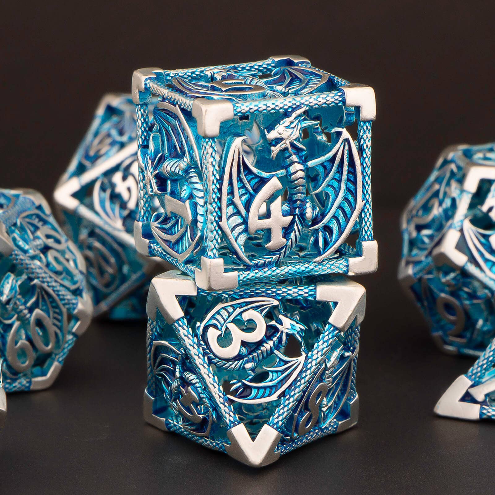 KERWELLSI Hollow Metal DND Dice Set, Dungeons and Dragons Dice Set with Gifts Box, 7pcs D&D Dice Set, Polyhedral Dice Set for RPG Role Playing Game, RPG D and D Dice D20 D12 D10 D8 D6 D4 (Blue)