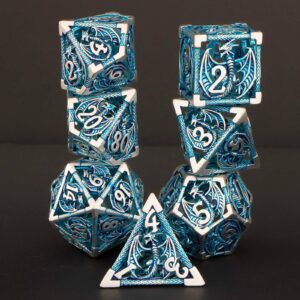 KERWELLSI Hollow Metal DND Dice Set, Dungeons and Dragons Dice Set with Gifts Box, 7pcs D&D Dice Set, Polyhedral Dice Set for RPG Role Playing Game, RPG D and D Dice D20 D12 D10 D8 D6 D4 (Blue)