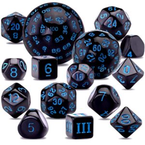 austor 15 pieces complete polyhedral dice set d3-d100 game dice set with a leather drawstring storage bag for role playing table games(black & blue)