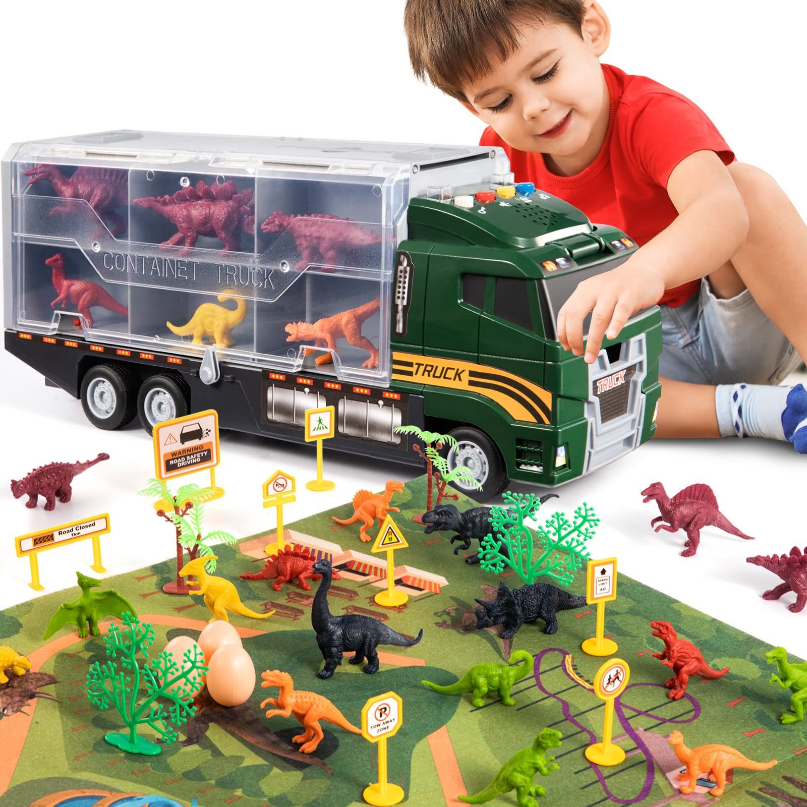 SNAEN 39 in 1 Dinosaur Toy Truck for Kids 3-7 with Play Mat, Dino Transport Carrier Vehicle with Lights and Sounds, Toys for Toddler 3 4 5 6 Years Boys Includes Dino Figures, Eggs and Trees