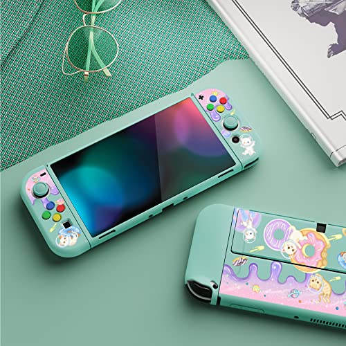 PlayVital ZealProtect Soft Protective Case for Nintendo Switch OLED, Flexible Protector Joycon Grip Cover for Nintendo Switch OLED with Thumb Grip Caps & ABXY Direction Button Caps - Donut Odyssey