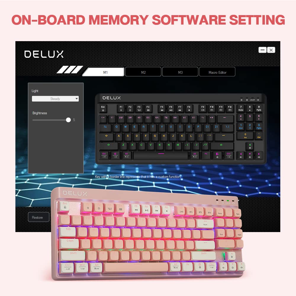 DeLUX 80% Wireless Mechanical Keyboard - RGB Backlit, Hot Swappable 89 Keys, US Layout, Linear, Quiet Yellow Switches, PBT Keycaps - Multi-Device Gaming (KM18-Pink)