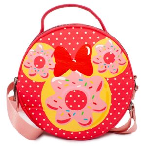 disney bag, cross body, round, minnie mouse bow and ears donut dessert with polka dot, red, vegan leather