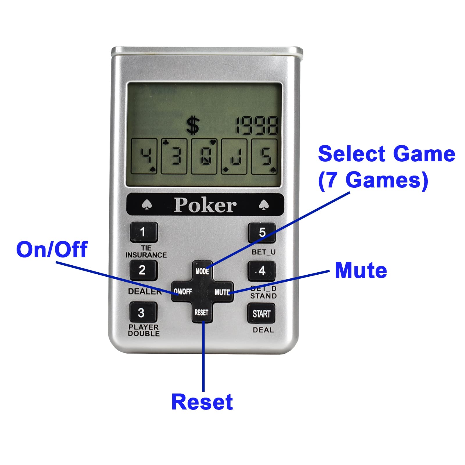 Electronic Poker Game Handheld 7 in 1 Silver