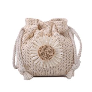 Summer Straw Coin Purses for Women Girls Cute Floral Drawstring Crossbody Bag for Beach Vacation(White)