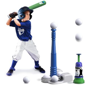 QDRAGON 2 in 1 T Ball Sets for Kids 3-5 5-8, Tee Ball Set with Automatic Pitching Machine/Adjustable Batting Bat & Stand/6 Balls, Baseball Toys Outdoor Sport for Toddlers Boys, Blue