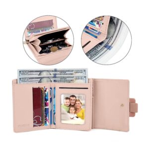 FT FUNTOR RFID Wallets for Women, Trifold Womens Wallet with Coin Zipper Pocket Vegan Leather Ladies Wallets Coins Zipper Pocket with ID Window Short (Blush pink)