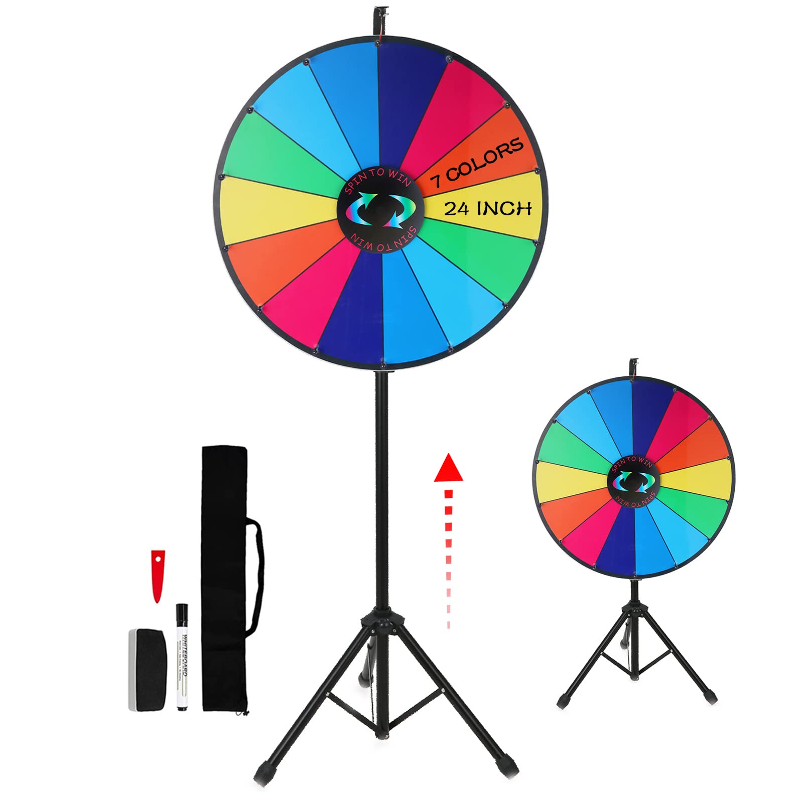 iElyiEsy 24 Inch Spinning Prize Wheel of Fortune with Folding Tripod Floor Stand Height Adjustable 14 Slots Spin Wheel with Dry Erase Markers & Eraser for Carnival Trade Show