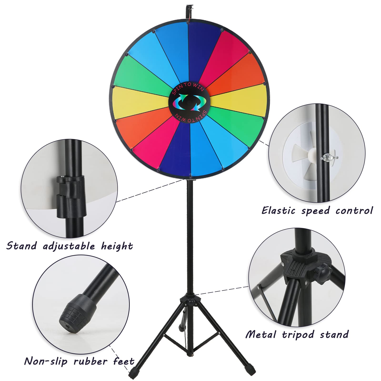 iElyiEsy 24 Inch Spinning Prize Wheel of Fortune with Folding Tripod Floor Stand Height Adjustable 14 Slots Spin Wheel with Dry Erase Markers & Eraser for Carnival Trade Show