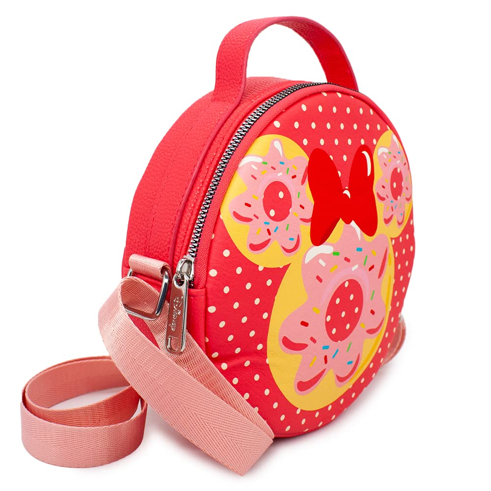 Disney Bag, Cross Body, Round, Minnie Mouse Bow and Ears Donut Dessert with Polka Dot, Red, Vegan Leather