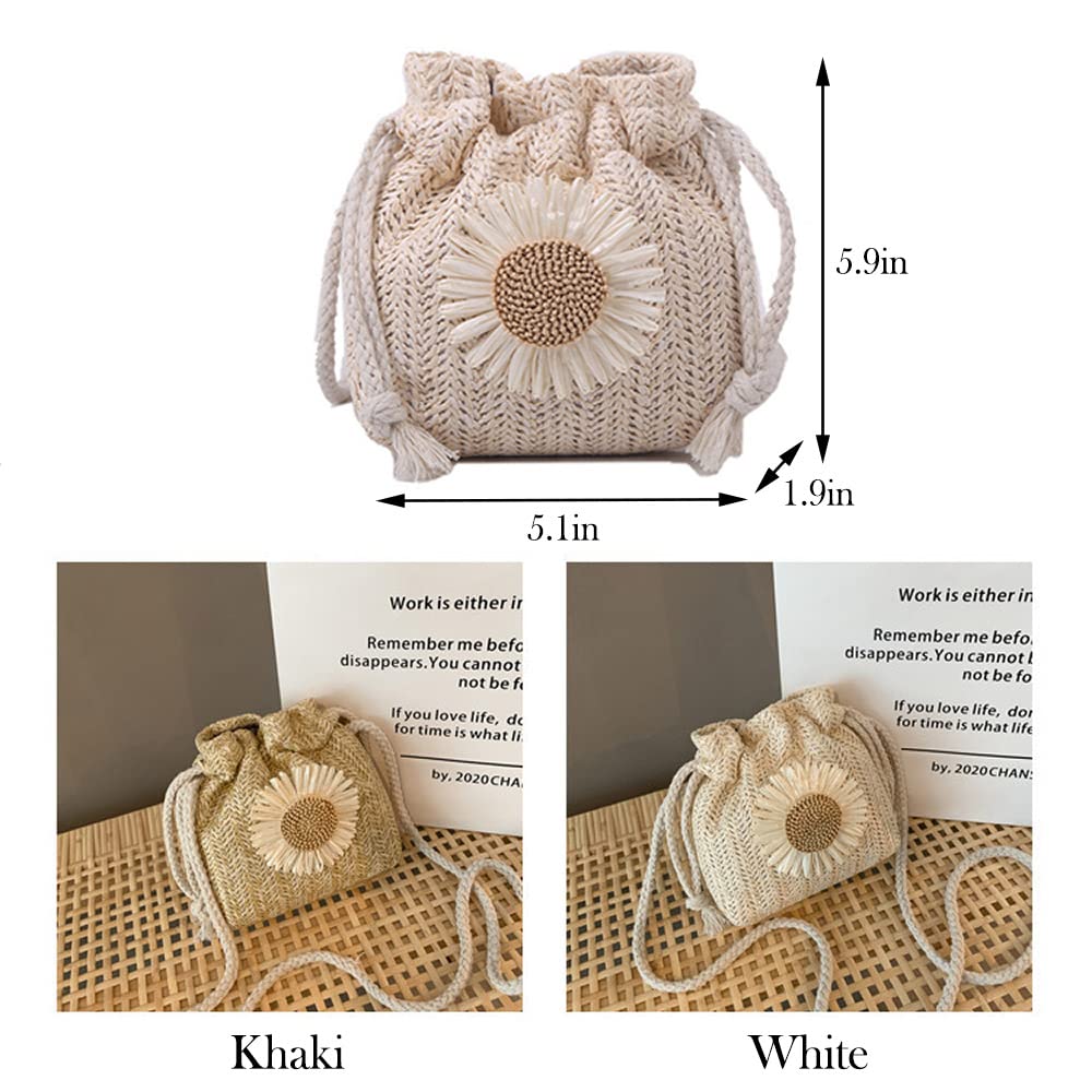 Summer Straw Coin Purses for Women Girls Cute Floral Drawstring Crossbody Bag for Beach Vacation(White)