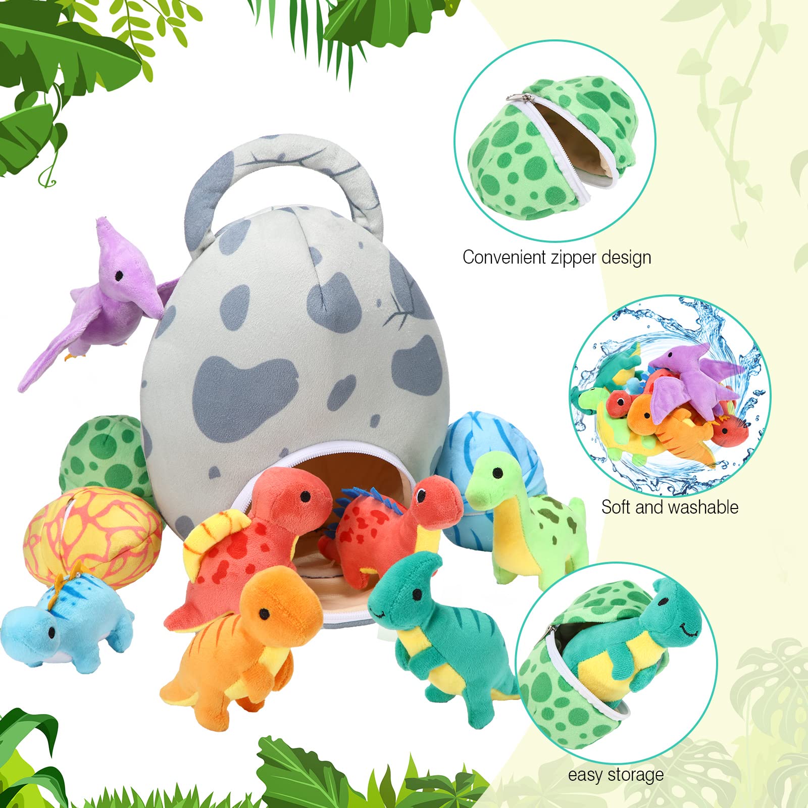 Zhanmai 11 Pcs Dinosaur Stuffed Animal Small Dino Plush Toy and Egg Bag Set Cute Stuffed Dinosaur Animals Plush Toys Soft Dinosaur Stuff Animals for Easter Birthday Dinosaur Themed Party (Classic)