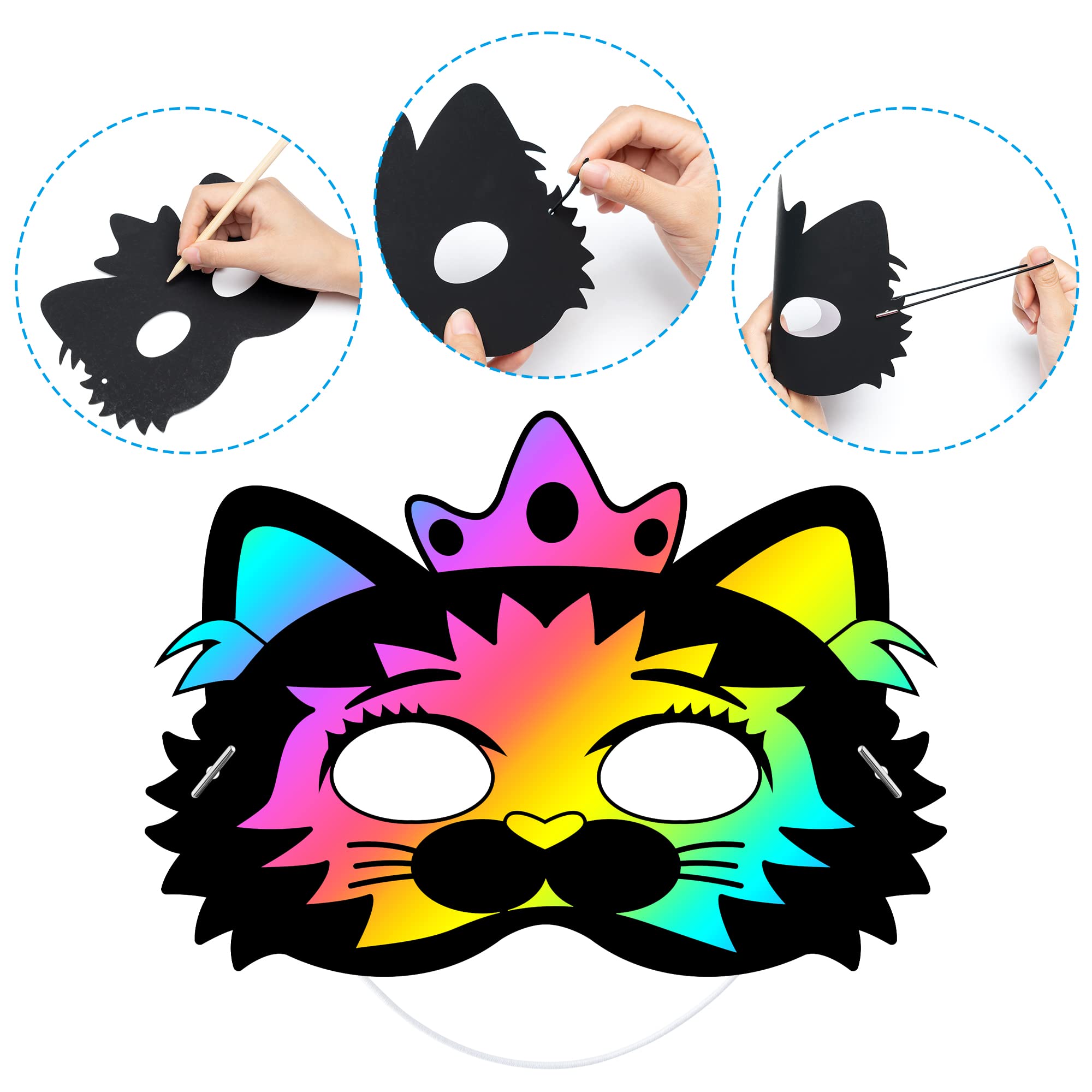 WATINC 24Pcs Cats DIY Scratch Masks, Animal Scratch Paper Mask Art Set for Kids Birthday Party Favors, Halloween Painting Craft Kits Cat Dress Up Costumes Coloring Activity for Boys Girls