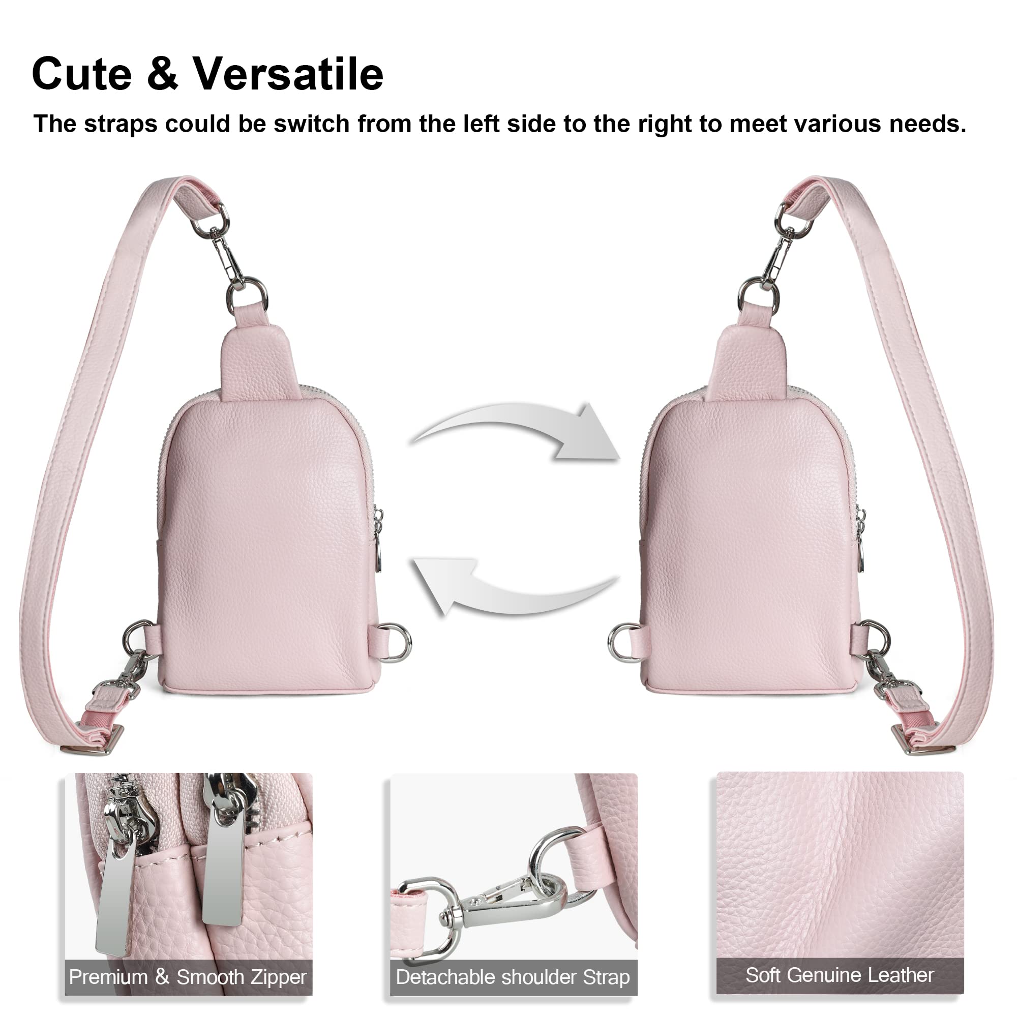 Befen Genuine Leather Small Leather Sling Bags for Women Crossbody,Fanny Packs for Women,Cell Phone Wallet Purse Belt Bag Mini Backpack for Women Adult Walking(Macaron Blush Pink)